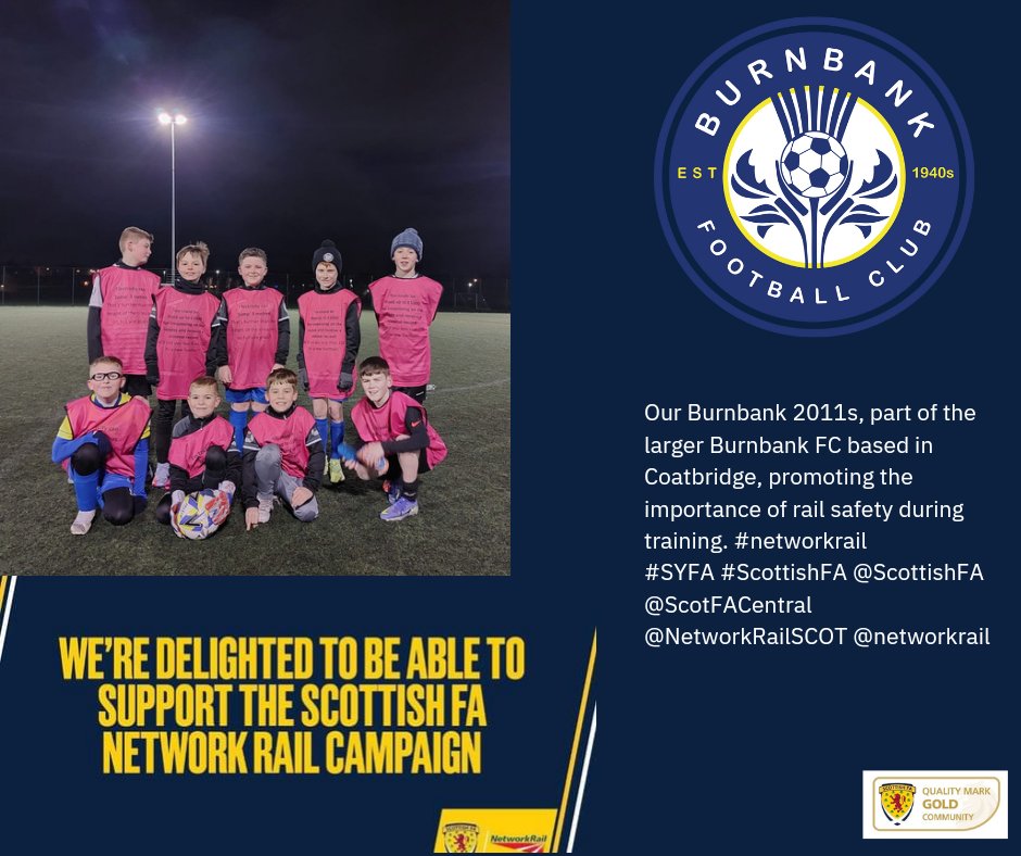 JohnGmailCB's tweet photo. Our Burnbank 2011s, part of the larger Burnbank FC based in Coatbridge, promoting the importance of rail safety during training. #networkrail 
#SYFA #ScottishFA @ScottishFA @ScotFACentral @NetworkRailSCOT @networkrail https://t.co/fwSu88N1Cp