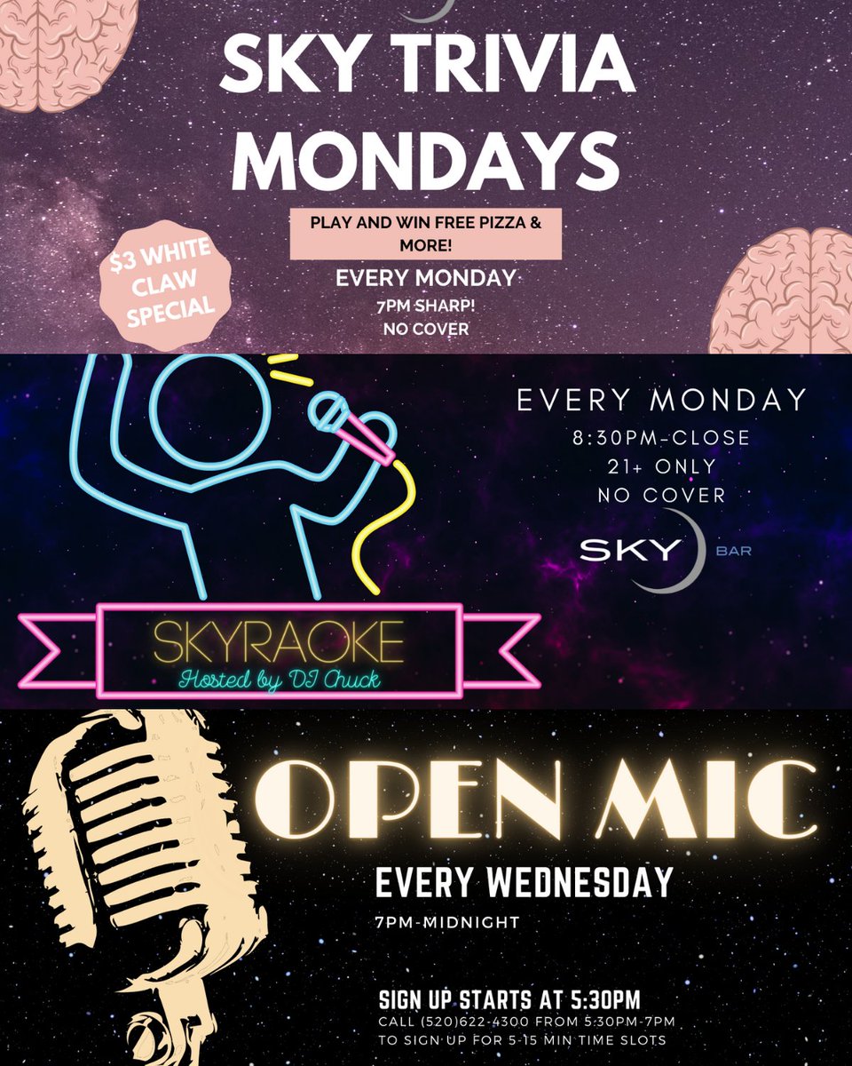 There is always something going on at Sky Bar. Stop by this week for one of our awesome events and cocktail specials! ✨

#tucson #4thavetucson #skybartucson