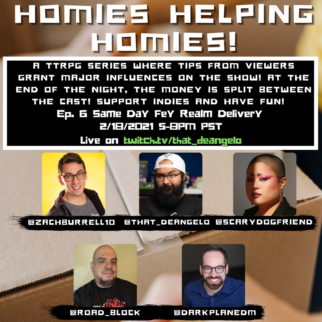 This Friday is Homies Helping Homies! A D&amp;D 1 shot where viewers get tons of control over the show via tips. Then at the end of the night, the money gets split evenly between the cast to help fund their passions!

Feat. <a href="/ZachBurrell10/">Zachary Burrell</a> <a href="/scarydogfriend/">Josephine 🇵🇸</a> <a href="/Road_Block/">RoaD BlocK</a> <a href="/DarkplaneDM/">Graham Ward ✍️ Hundred Dungeons</a>
