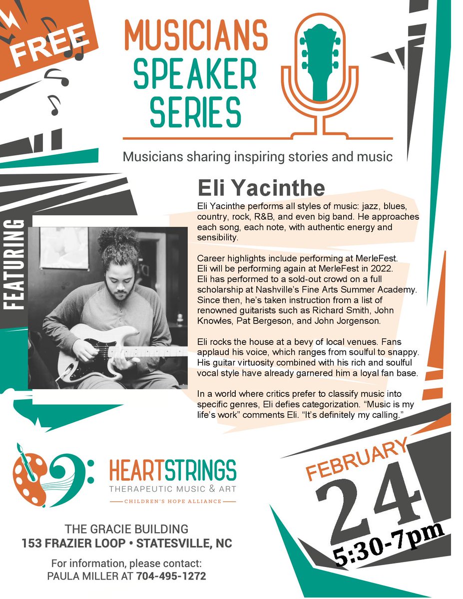 Eli will be a guest speaker for Heartstrings, sponsored by Children's Hope Alliance at Barium Springs, NC.

5:30-6pm-Social, meet &amp; greet with the musician (refreshments will be served)
6-6:30pm-Musician speaker
6:30-7pm-Q&amp;A