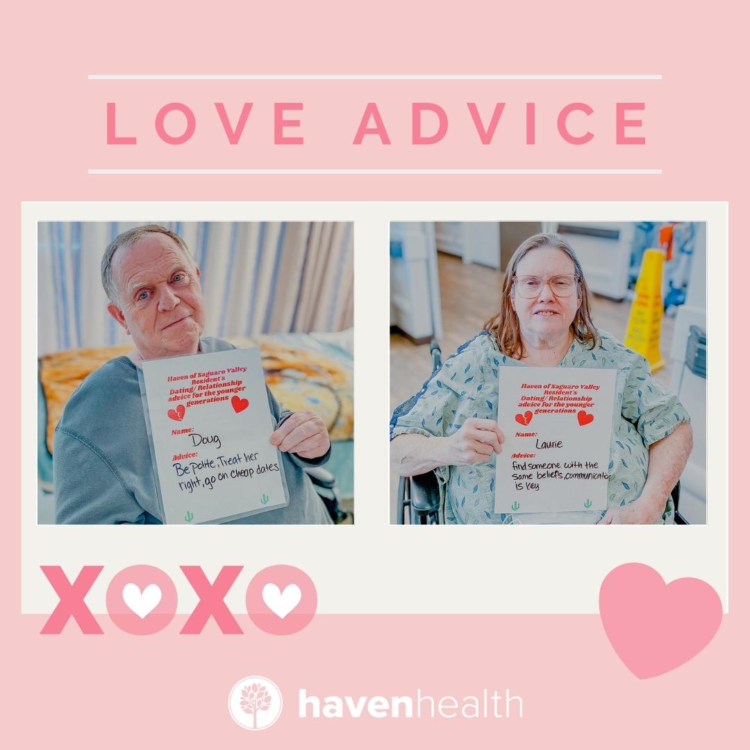 HavenHealthGrp's tweet photo. 💖 Happy #ValentinesDay! 💖 Love is in the air and our Haven Health Saguaro Valley residents have some words of wisdom for you. What relationship advice do you have to help your love grow? https://t.co/aZA7NytlLd