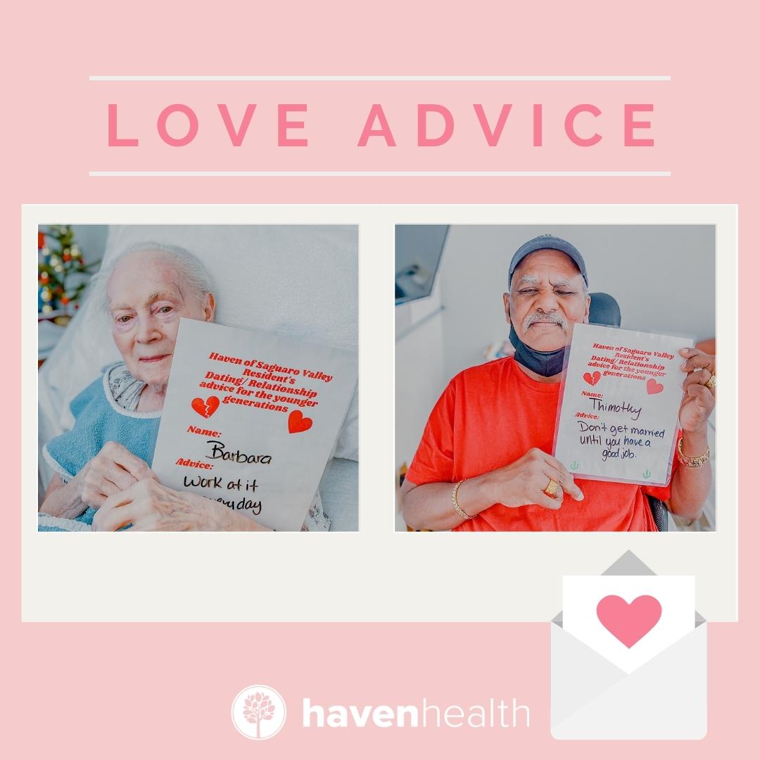 HavenHealthGrp's tweet photo. 💖 Happy #ValentinesDay! 💖 Love is in the air and our Haven Health Saguaro Valley residents have some words of wisdom for you. What relationship advice do you have to help your love grow? https://t.co/aZA7NytlLd