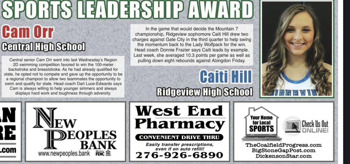 Congratulations to Caiti Hill for being named this week’s Sports Leadership Award Winner