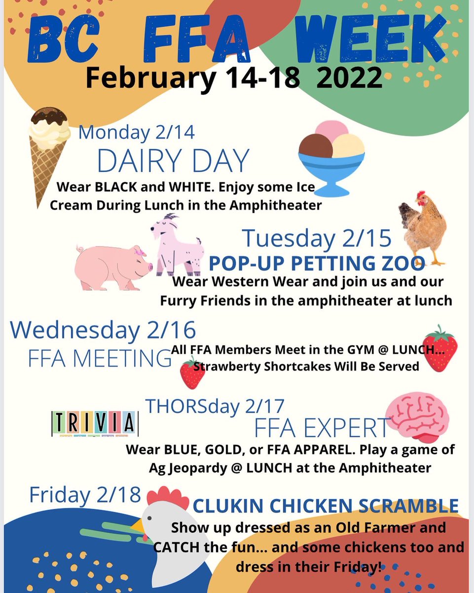 Who’s ready for BC FFA WEEKS DAY ✌🏻 ACTIVITIES!!! Dust off them boots and join us, and our furry friends, in the amphitheater at lunch!! See y’all there!
