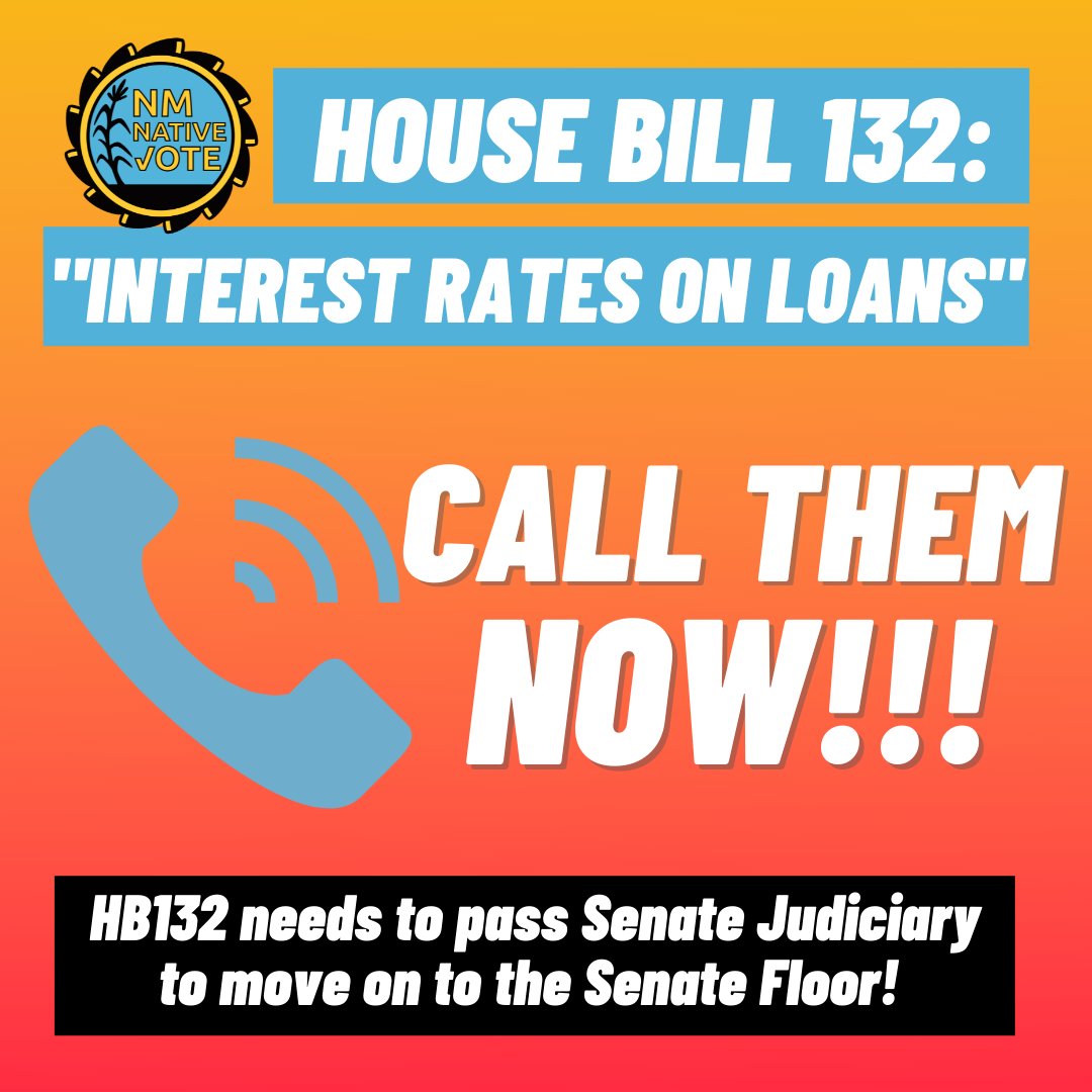 NativeVoters's tweet photo. ⚠️HELP NEEDED⚠️

HB132–capping interest rates on small loans–will be heard in Senate Judiciary. You still have time to contact your Senator and ask they pass this bill to end a vicious cycle of debt for Native families! https://t.co/76Ol4MGGKa

#nmpol #nmleg #CapInterestRates https://t.co/fJQogt87Nd
