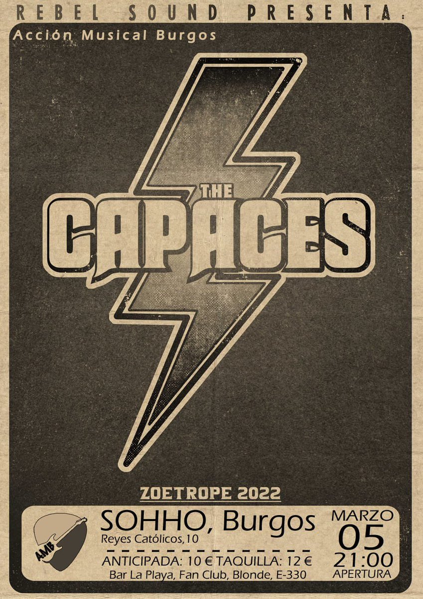 AccionMusicalBu's tweet photo. Noticia de hoy lunes,también disponibles entradas anticipadas para el concierto #thecapaces en @sohhoburgos . Las tenéis en #barlaplaya #funclub #E330 y en #peluqueriasblonde . @AccionMusicalBu https://t.co/K5SOiMw0Fo