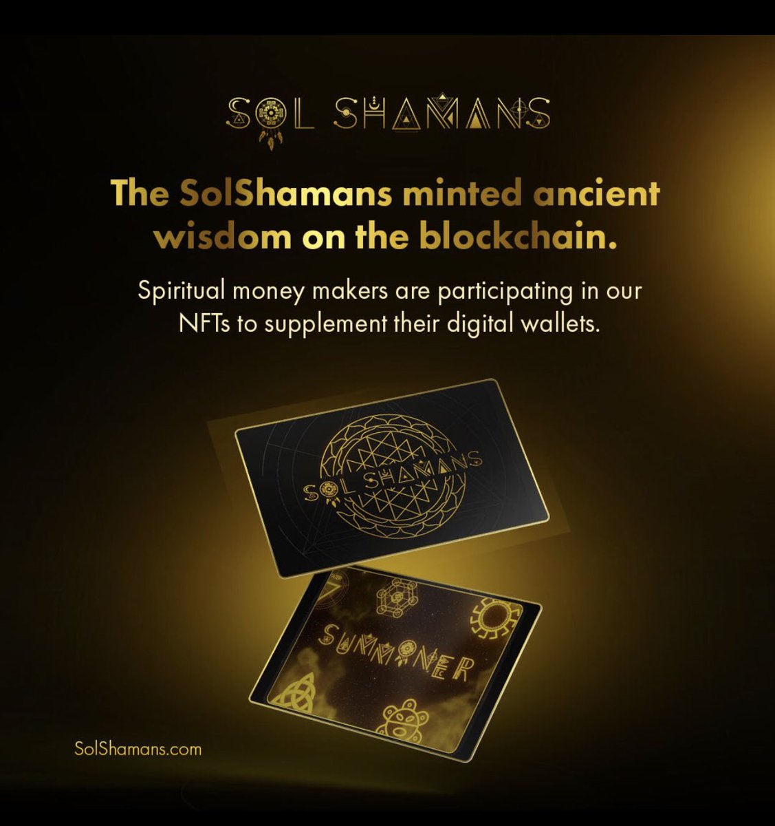 "The #SolShamans minted ancient wisdom on the #blockchain. #spiritual money makers are participating in our NFTs to supplement their digital wallets.

Join the prosperity parade 🌐 SolShamans.com"

 <a href="/teedubya/">Travis Wright</a> @alyzesam <a href="/ozsultan/">Oz Sultan (ozsultan.eth)</a> <a href="/joelcomm/">Joel Comm</a>