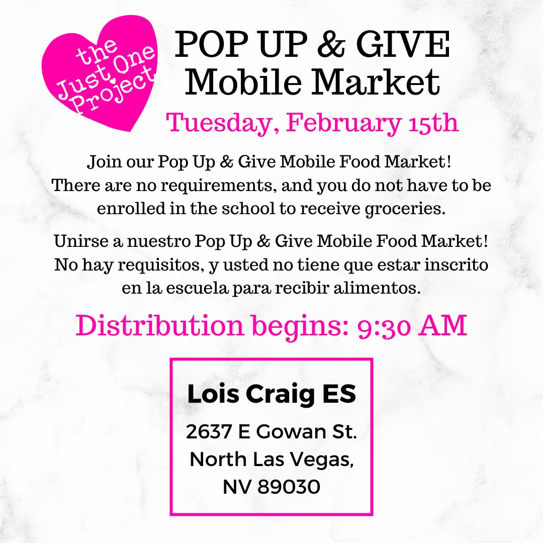 thejust1project's tweet photo. Join us tomorrow at our Pop Up & Give Mobile Market at Lois Craig Elementary School! We canβt wait to serve you.π #popupandgive #fooddistrubution #mobilefoodmarket #foodpantry #lasvegascommunity #nonprofit #foodforall https://t.co/WOTu1pVIbK