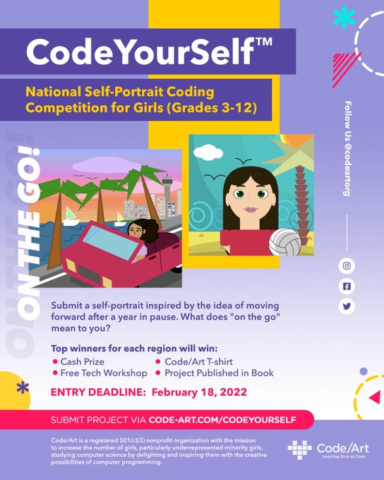 TexasSpaceGrant's tweet photo. Pls share &amp; RT. Girls in grades 3-12! Are you interested in combining #Art &amp; #ComputerScience? @codeartorg #CodeYourSelf Competition is BACK! Submission Deadline is February 18, 2022. For more information visit: https://t.co/qzGAOTQuHS https://t.co/vP6qMezFcK