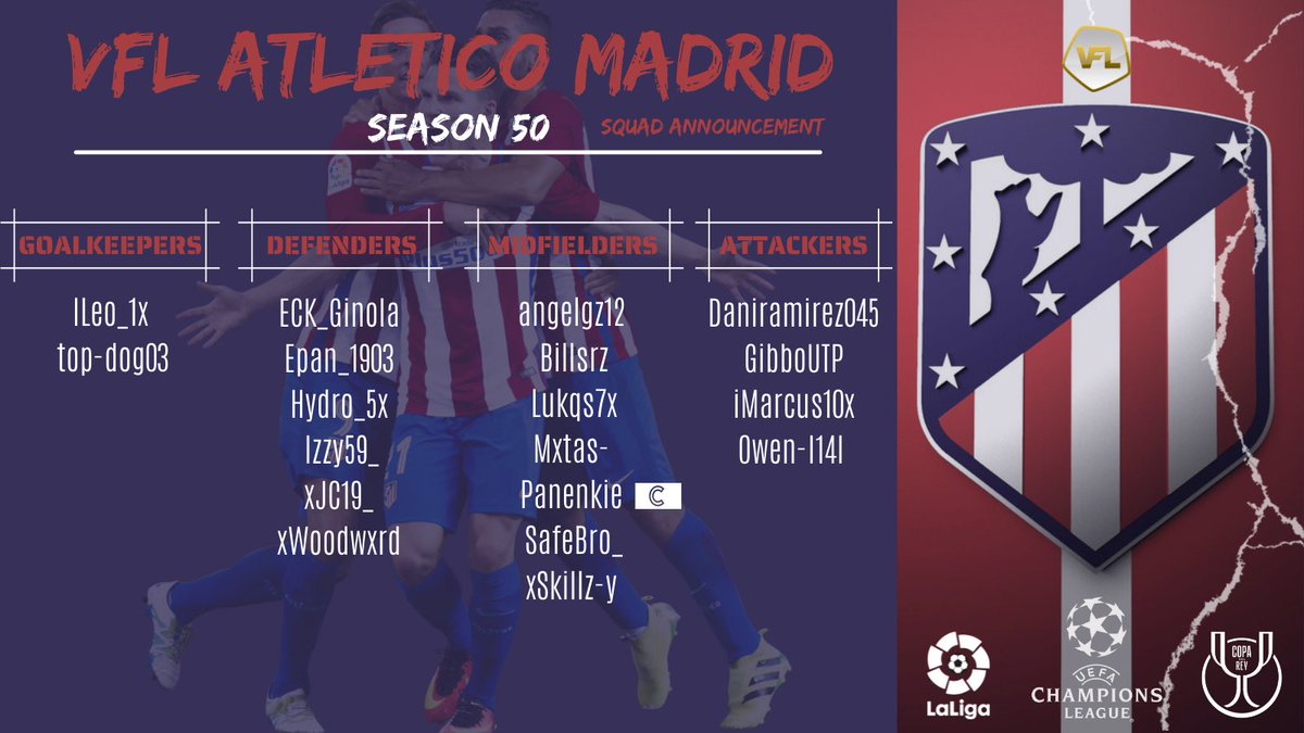 🚨Squad Announcement🚨

▪︎ @VFL_AtleticoS50 🇪🇸
▪︎ Squad List for <a href="/TheVFL_/">VFL</a> S50🎮
▪︎ La Liga 🇪🇸
▪︎ #UCL 
▪︎ Cope del Rey🏆
▪︎ PS5

🔴⚪️ VAMOS!!

Hope we can put up a fight 💪🏽🔥

🎨 - <a href="/panenkie/">Panenkie 🇳🇱 ©</a> 
#ProClub
#FIFA22
@ILOVEPROCLUB1