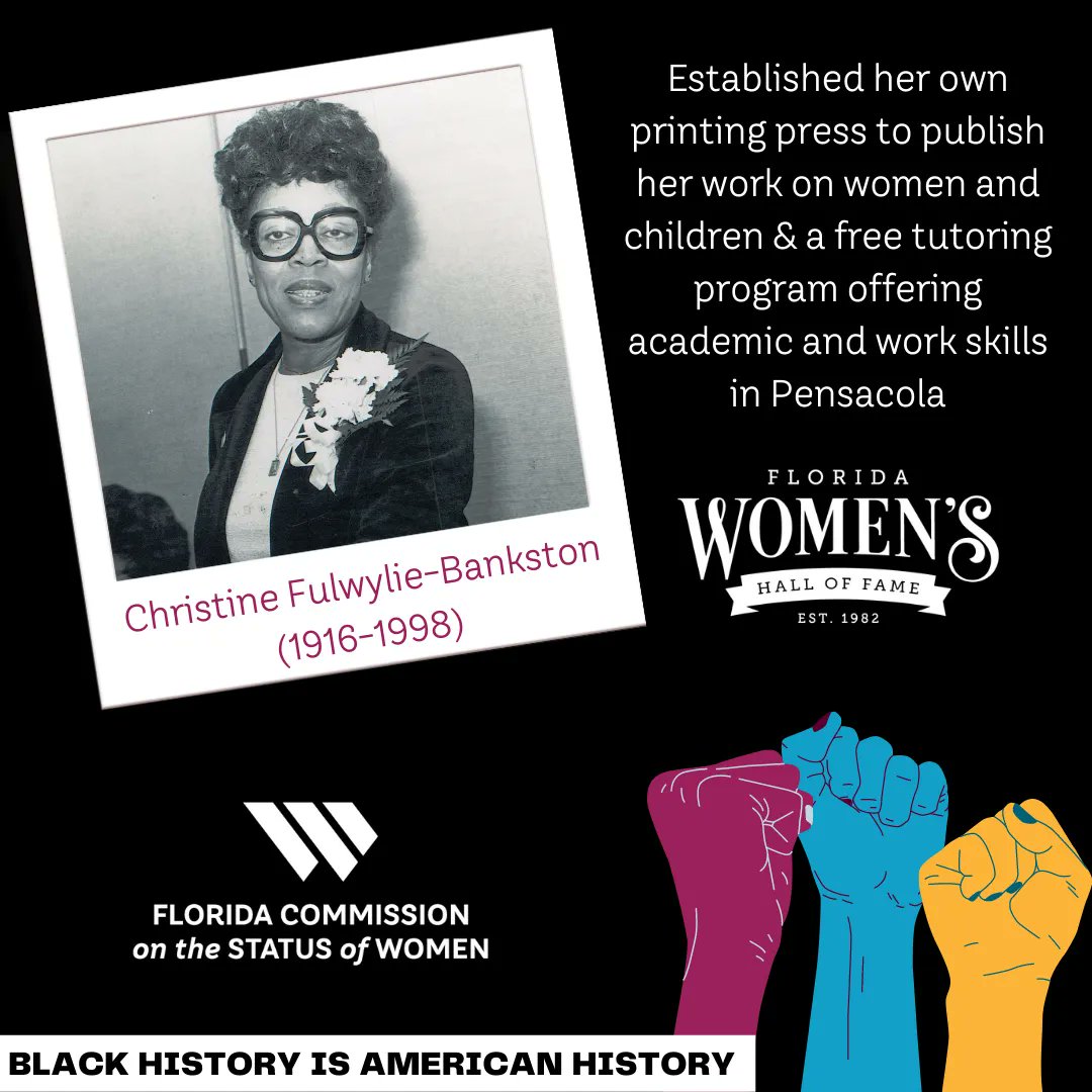 flacsw's tweet photo. 1998 Florida Women's Hall of Fame inductee, Christine Fulwylie-Bankston was a renowned poet, passionate about literacy and education. She established her own printing press & a free tutoring program offering academic and work skills in Pensacola #BlackHistoryMonth #FLWHOF https://t.co/skLD24CZCg