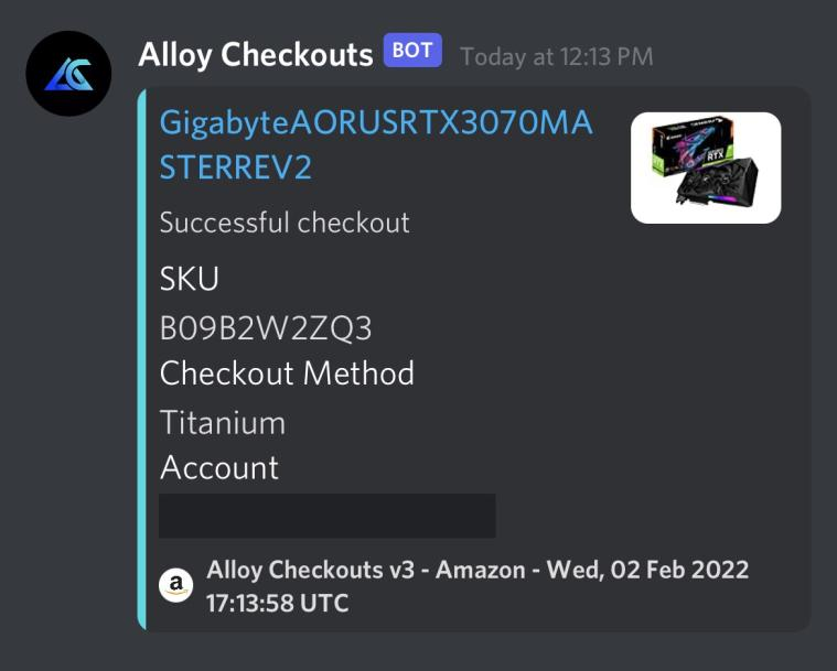 Round up of Amazon success this week!

Bot: <a href="/AlloyBot/">Alloy Cloud Bot</a>

Proxies: @ShardProxies

Cook Group: <a href="/UnlimitedCooks/">Unlimited</a> <a href="/Flipdai/">Flipd AI</a> 

Tools/Accounts: <a href="/aycdio/">AYCD</a> <a href="/Shard_Supply/">Shard Supply</a>