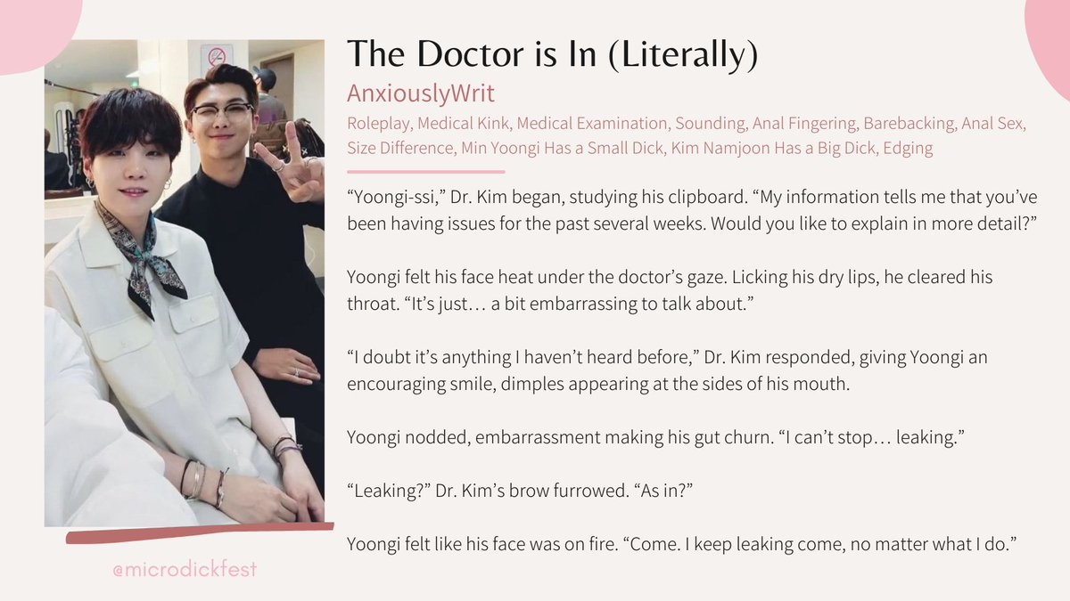 microdickfest's tweet photo. 🌸 The Doctor is In (Literally) 🌸

🌸 Author: AnxiouslyWrit
🌸 Explicit 🔞
🌸 No Archive Warnings Apply
🌸 M/M
🌸 Namgi

Read it on AO3: https://t.co/cUxQMnzAkY https://t.co/HVO54yZ8Vs