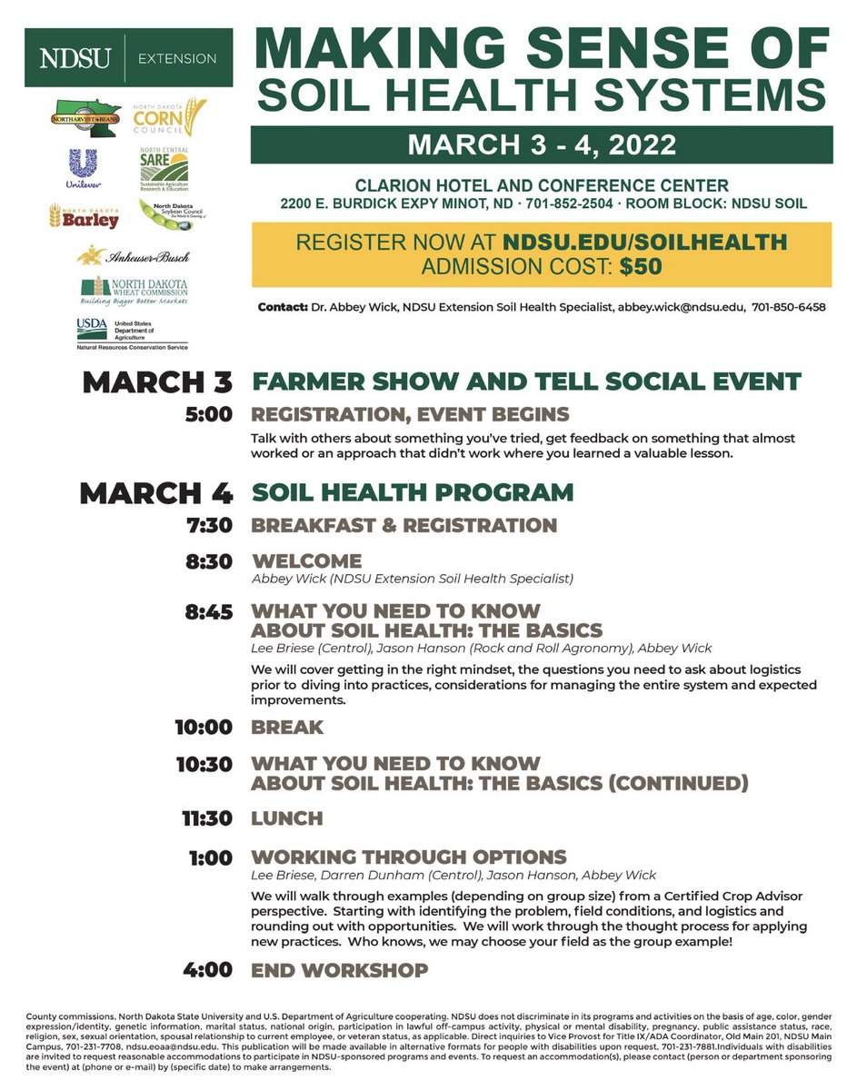 Excited about this workshop - format is totally new! Less presenters, less research thrown at you and MORE time thinking #soilhealth LOGISTICS and PROBLEM SOLVING!  Yeah, you won’t find that format anywhere else!  Register: epayment.ndus.nodak.edu/C22800_ustores… <a href="/Lee_Briese/">🌱 Dr. Lee Briese</a> <a href="/RocknRollAgrnmy/">Jason Hanson</a>