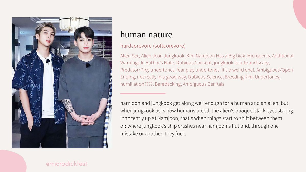 microdickfest's tweet photo. 🌸 human nature 🌸

🌸 Author: hardcorevore (softcorevore)
🌸 Explicit 🔞
🌸 No Archive Warnings Apply
🌸 Other
🌸 Namkook

Read it on AO3: https://t.co/bW0fKsymB9 https://t.co/OYUqn2ZTjx