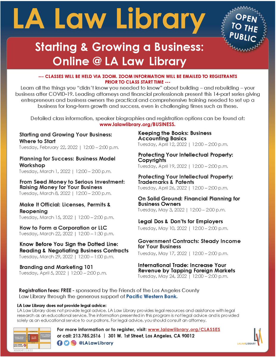Join the <a href="/LALAWLIBRARY/">LA Law Library</a> and other partners for a series of webinars to help your #business. 

We'll be sharing info on Tuesday, March 15 at noon for the following session:

Make It Official: Licenses, Permits &amp; Reopening

More info:
lalawlibrary.org/hidden-classes…