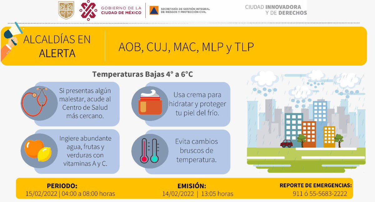 Fer_MercadoG's tweet photo. Tomen nota ⚠️

Continúan las bajas temperaturas en 
La #MagdalenaContreras y alcaldías cercanas. 🌨❄️

Aquí algunas recomendaciones👇🏽, en caso de dudas, consulten fuentes oficiales:

@GobCDMX 
@AGSANITARIA
@SGIRPC_CDMX https://t.co/HQLJfSkg9X