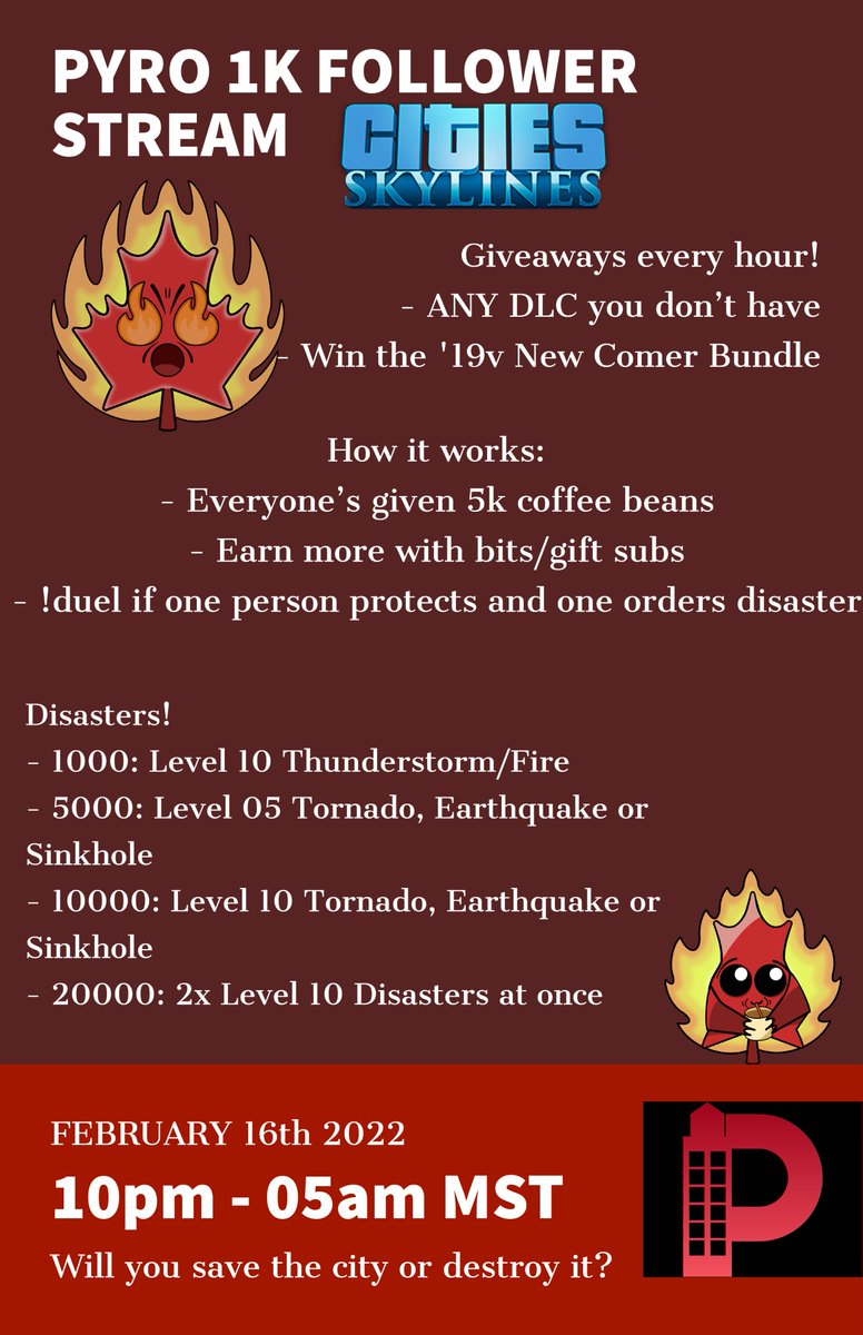 Celebration stream is happening!! 
- 7 Giveaways
- Your choice for ANY DLC for Cities on Steam
- Don't own Cities on steam? You get the newcomer bundle!
- Redemption for disasters
- Pyro crying watching his city being destroyed

Feb 16th @ 10PM MST!
#CitiesSkylines #Celebration