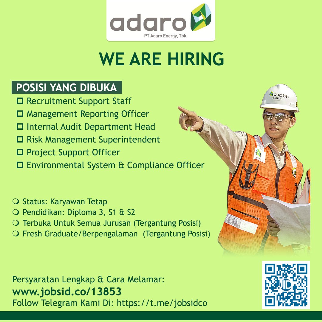 twitlowongan's tweet photo. #Lowongan KARYAWAN TETAP Perusahaan Tambang Batubara: PT. Adaro Energy Tbk, Update 15 Februari 2022 (Fresh Graduate/Berpengalaman | Terbuka Untuk Semua Jurusan). Syarat, Lokasi &amp; Cara Melamar Baca Di: https://t.co/j0Gu9zOGMu https://t.co/rRo9gBVu8q