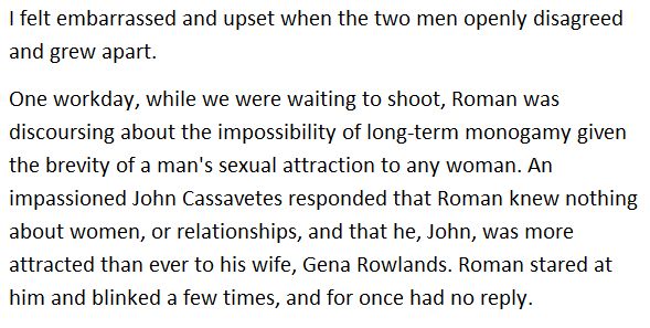 Cassavetes yelling "You know nothing about women" at Roman Polanski on the set of Rosemary's Baby, absolutely owning him 

Via Mia Farrow's memoir
