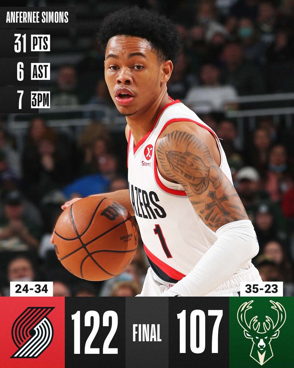 Anfernee Simons heats up from deep, helping the @trailblazers win their 3rd in a row!

Jusuf Nurkic: 23 PTS, 16 REB
Justise Winslow: 13 PTS, 10 REB
Josh Hart: 27 PTS (10-16 FGM), 7 REB, 5 AST, 2 BLK, 5 3PM https://t.co/gCvBgMRzak #NBA