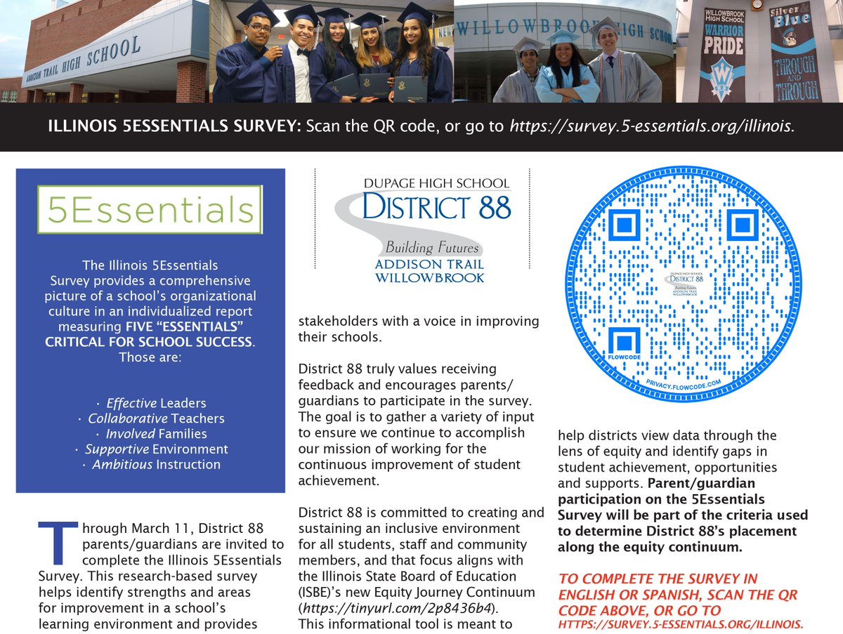 <a href="/WillowbrookHS1/">Willowbrook HS</a> parents/guardians – have you completed the 5Essentials Survey yet? Be sure to fill out the survey by March 11 to share your feedback and to support District 88’s placement along the <a href="/ISBEnews/">Illinois State Board of Education</a>’s new Equity Journey Continuum. See details at dupage88.net/site/page/14492.