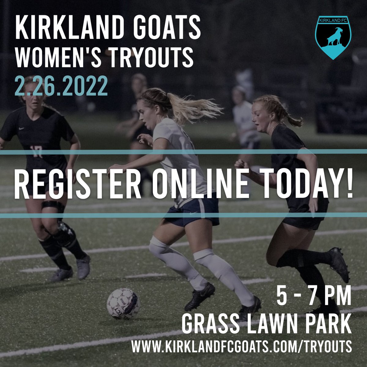 We are excited to announce that February 26th will be Kirkland FC’s first ever Women’s tryout! Register with the link in our bio! 

📍Grasslawn Park, Redmond
📆February 26th, 2022
⏱5-7PM
🎟 $30 tryout fee

We hope to see you out there! #Gogoats