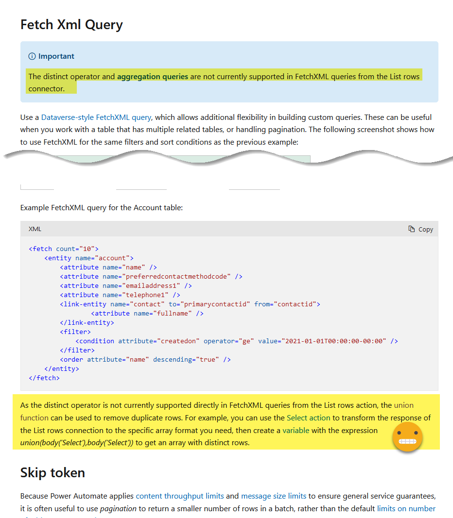 FetchXML supports 𝘥𝘪𝘴𝘵𝘪𝘯𝘤𝘵, but you cannot use it in #PowerAutomate 😑
docs.microsoft.com/en-us/power-au… 
#PowerApps