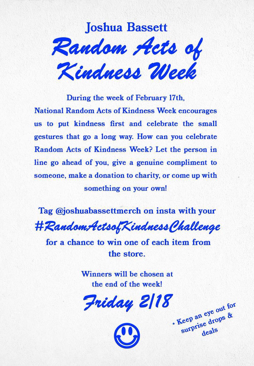 JoshuaBassettFR's tweet photo. Vous avez la possibilité de gagner du merch à l’occasion de la “Random Acts Of Kindness Week”. Taguez le compte Instagram de merch de Joshua avec le #RandomActsofKindnessChallenge https://t.co/1rdqg203zQ