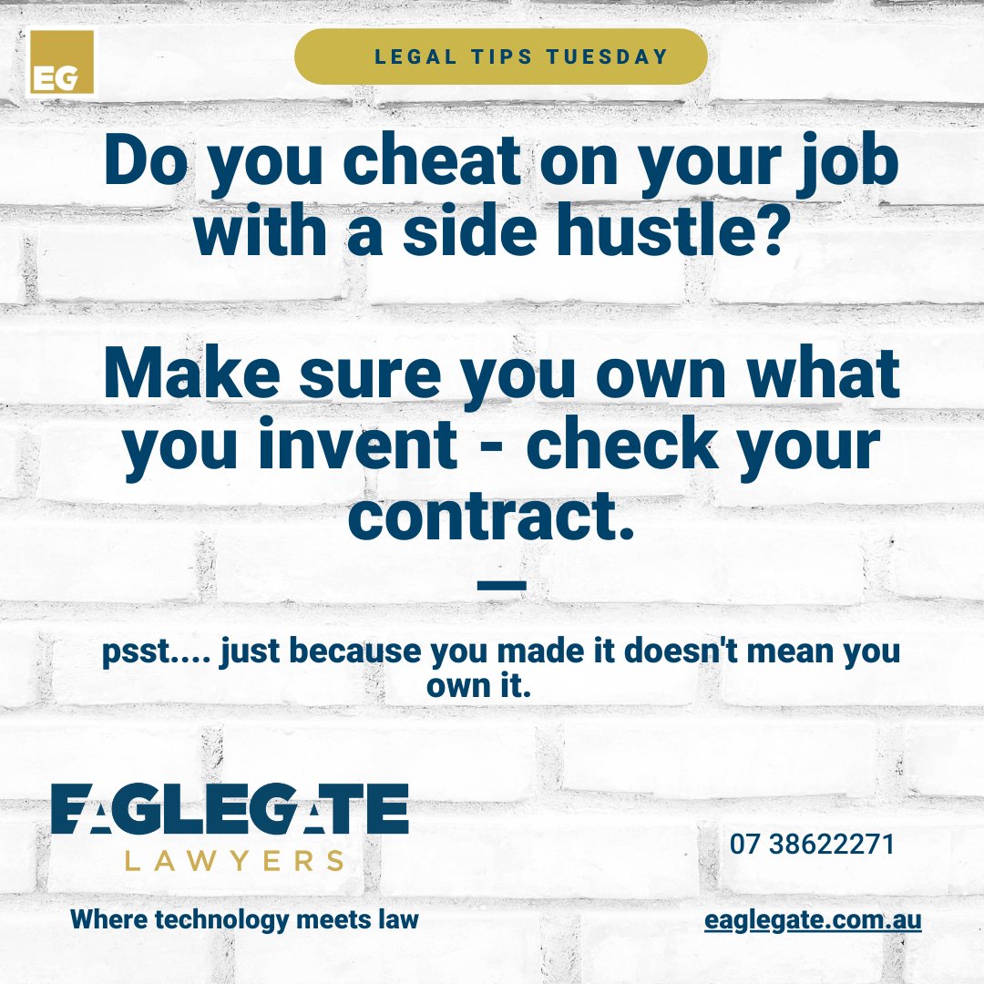 EagleGateLaw's tweet photo. We are living in the #gig-economy. Make sure you #own what you create in your #side-hustle. 

#legaltipsTuesday  #dailyquotes #auslaw #LegalTips #Lawyer #Law #brisbane #australia #litigation #disputes #technology #invention #innovation #entrepreneur #startup #businesstips https://t.co/F4t3fHuQVj