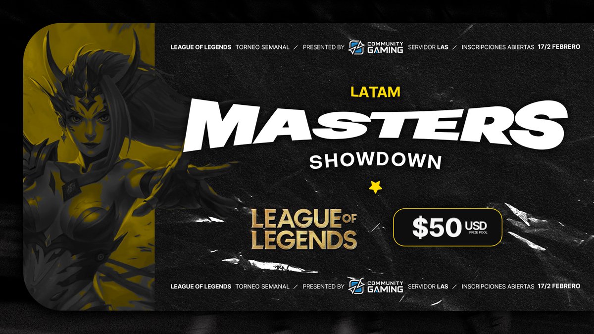 $50 dólares te esperan en la Grieta del Invocador, participando en nuestros torneos semanales de #LeagueOfLegends 

📅Próxima fecha: 17 de Febrero
🌟16 equipos 

🔗Región LAS: communitygaming.io/tournament/sem…

🔗Región LAN: communitygaming.io/tournament/sem…

¡Inscripciones gratuitas!

#juegalol