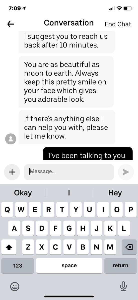 fallenXember's tweet photo. @UberEats received this extremely inappropriate message from one of your chat support agents. All I want is my food. Not to be told I’m beautiful??? What is this?? https://t.co/P76YohzT0B