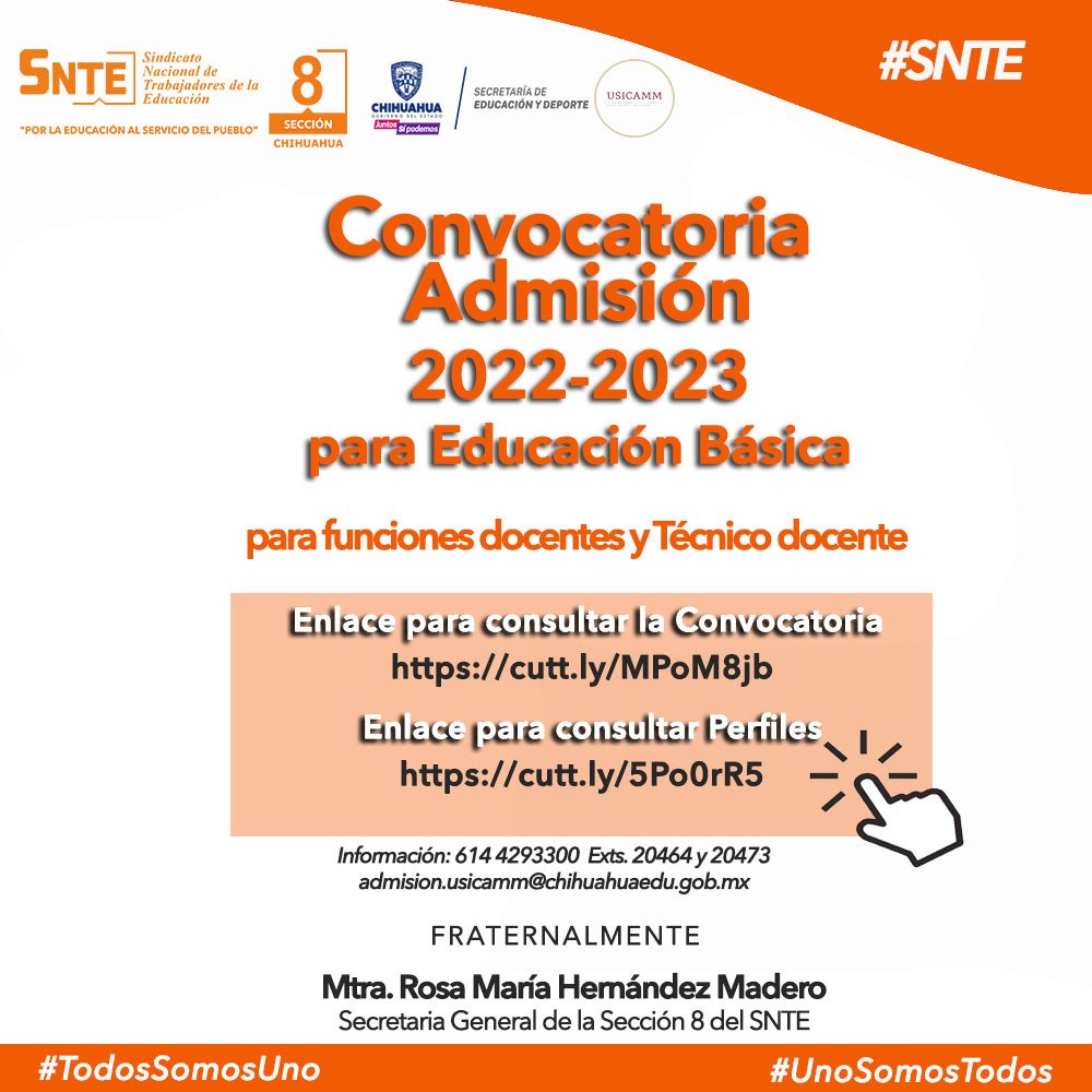 SNTE8's tweet photo. #Sección8 #SNTE 

🟠 CONVOCATORIA ADMISIÓN 2022-2023 para Educación Básica.

Para funciones Docentes y Técnico Docente.

👉Consultar la Convocatoria

https://t.co/xmmp9Hue4H

👉 Consultar los Perfiles

https://t.co/0anUMlBWSM

#TodosSomosUno #UnoSomosTodos https://t.co/EPjYyXTZQW