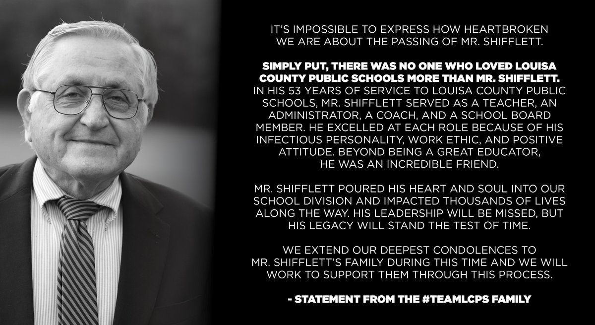 LCPSchools's tweet photo. Our hearts are heavy tonight as we mourn the passing of longtime educator Sherman Shifflett. Mr. Shifflett was a beloved member of Louisa County Public Schools for more than 53 years and impacted thousands of lives. 

Our thoughts are with Mr. Shifflett's family during this time. https://t.co/5h2PpsSXBg