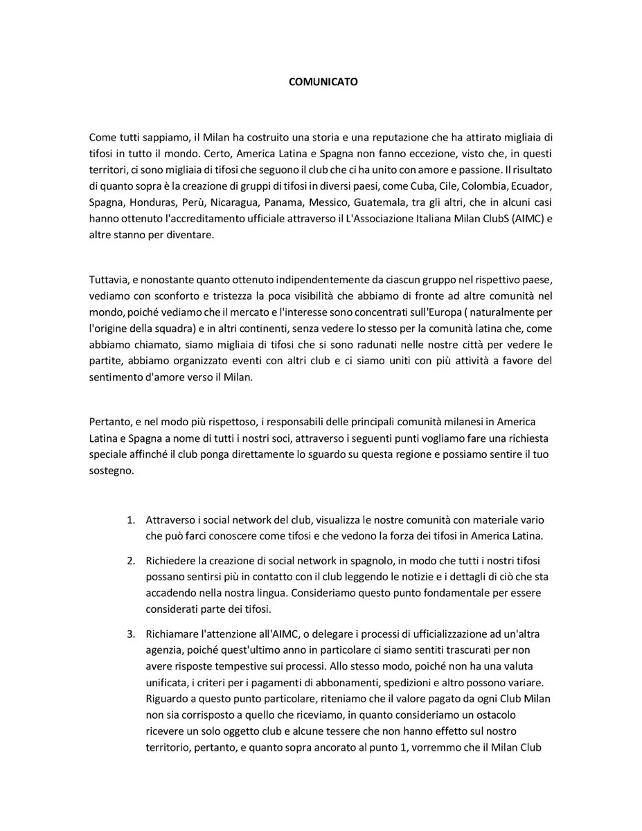 AHMC_Oficial's tweet photo. Distintos Milan Clubs de Latinoamérica y España hemos decidido reunirnos en una sola voz para que se nos dé la importancia debida y el club apunte su mirada hacia nosotros. Por eso, hemos hecho en conjunto este comunicado que, esperamos, nos ayuden a divulgar. #acmilanenespañol https://t.co/MYYg9VQiMh