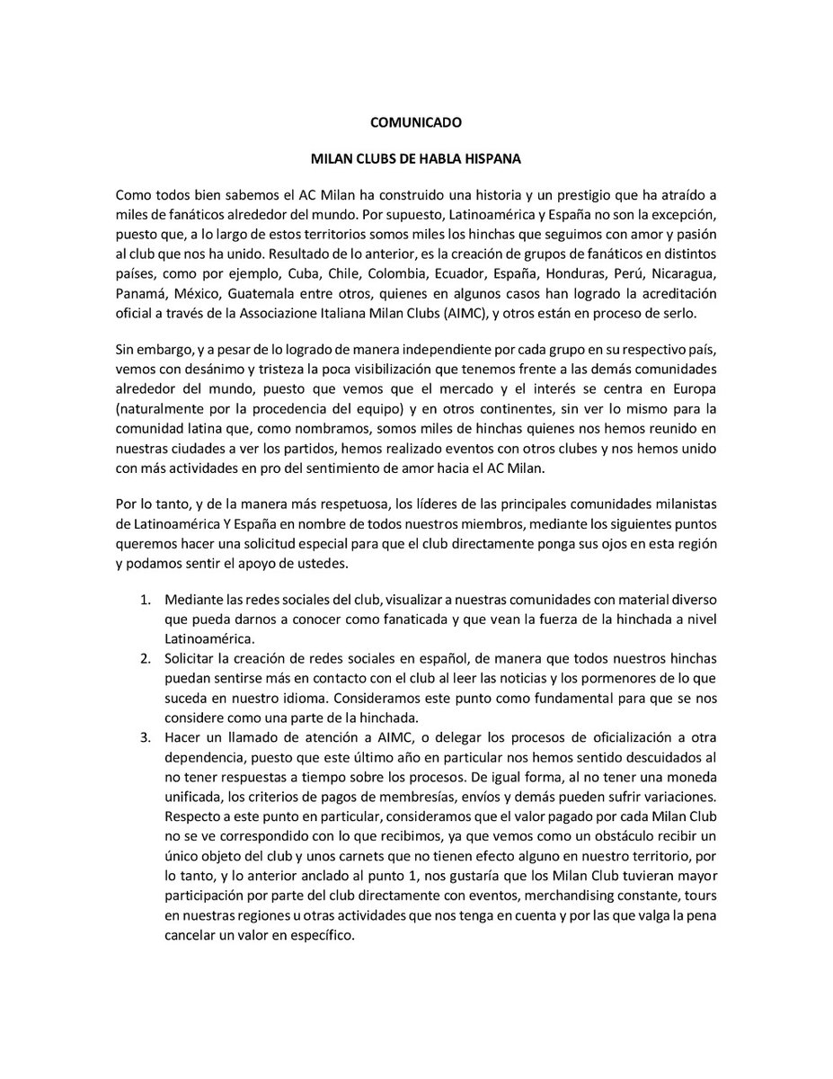 AHMC_Oficial's tweet photo. Distintos Milan Clubs de Latinoamérica y España hemos decidido reunirnos en una sola voz para que se nos dé la importancia debida y el club apunte su mirada hacia nosotros. Por eso, hemos hecho en conjunto este comunicado que, esperamos, nos ayuden a divulgar. #acmilanenespañol https://t.co/MYYg9VQiMh