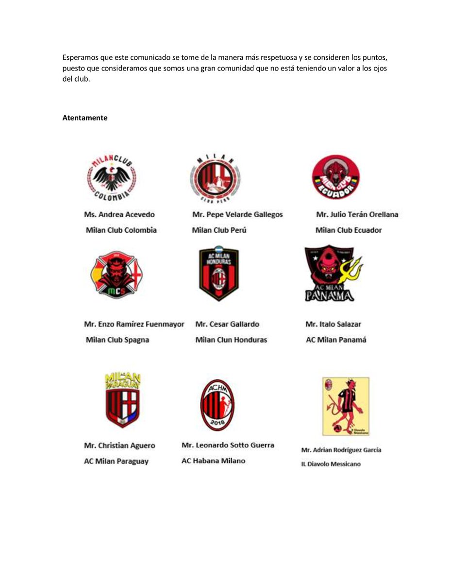AHMC_Oficial's tweet photo. Distintos Milan Clubs de Latinoamérica y España hemos decidido reunirnos en una sola voz para que se nos dé la importancia debida y el club apunte su mirada hacia nosotros. Por eso, hemos hecho en conjunto este comunicado que, esperamos, nos ayuden a divulgar. #acmilanenespañol https://t.co/MYYg9VQiMh