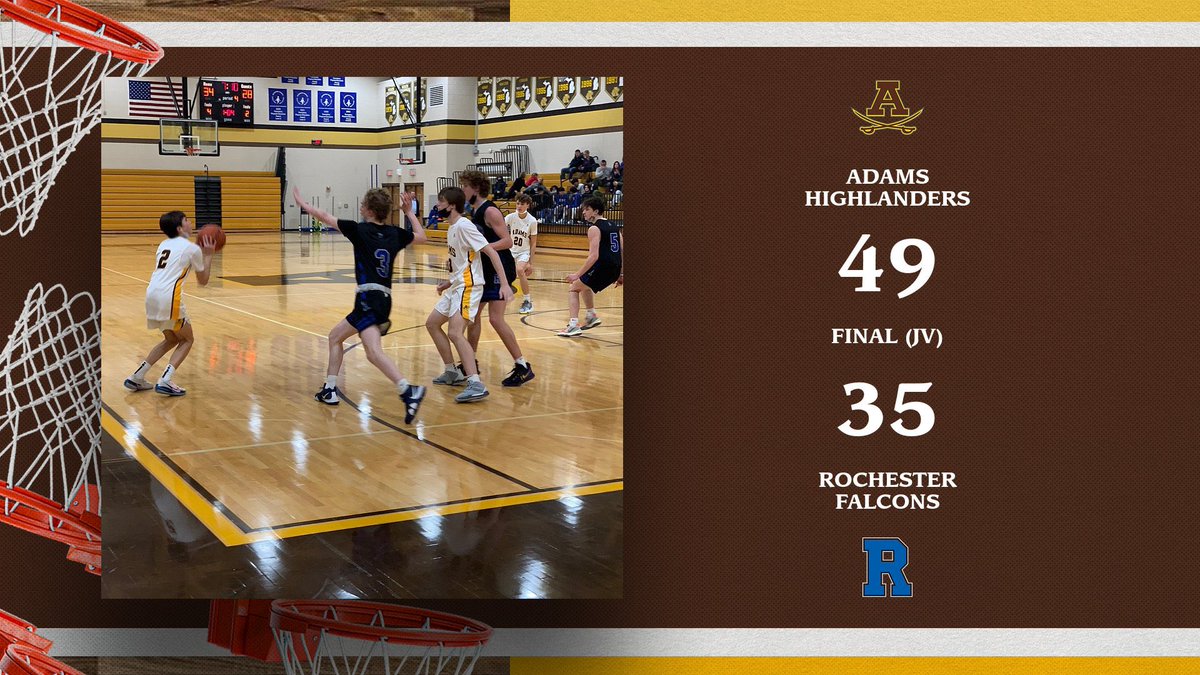 The <a href="/AdamsBoysBball/">Adams Boys Basketball</a> JV team gets the win 49-35 over the Falcons. Will Dee leads with 14 and Jake Andrzejak adds 12. Go Highlanders!