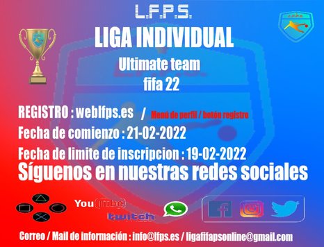 Nueva liga individual ultimate team
Lfps-fifa22
Registrate en tu menú de tu perfil de usuario en la web lfps.es
Fecha comienzo : 21/02/22
Limite de inscripción : 19/02/22
<a href="/KillerMachiii/">Killer-_-Machiii DC</a> <a href="/CfPdv/">Pdv Cf</a> 
<a href="/ayudanteclubes/">Susurro Libre</a> <a href="/AyudanteSports/">AyudanteSports</a> <a href="/FichajesAyudas/">Ayudas Fichajes</a> <a href="/_chocolate3000/">AYUDAS FIFA CHOCO3K🐦</a>