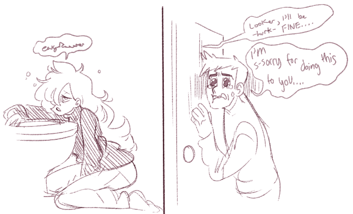 ( posting a sketch i wasn't going to but will now because im art blocked :') )
Morning sickness woes and being overtly upset about being the cause of the affliction