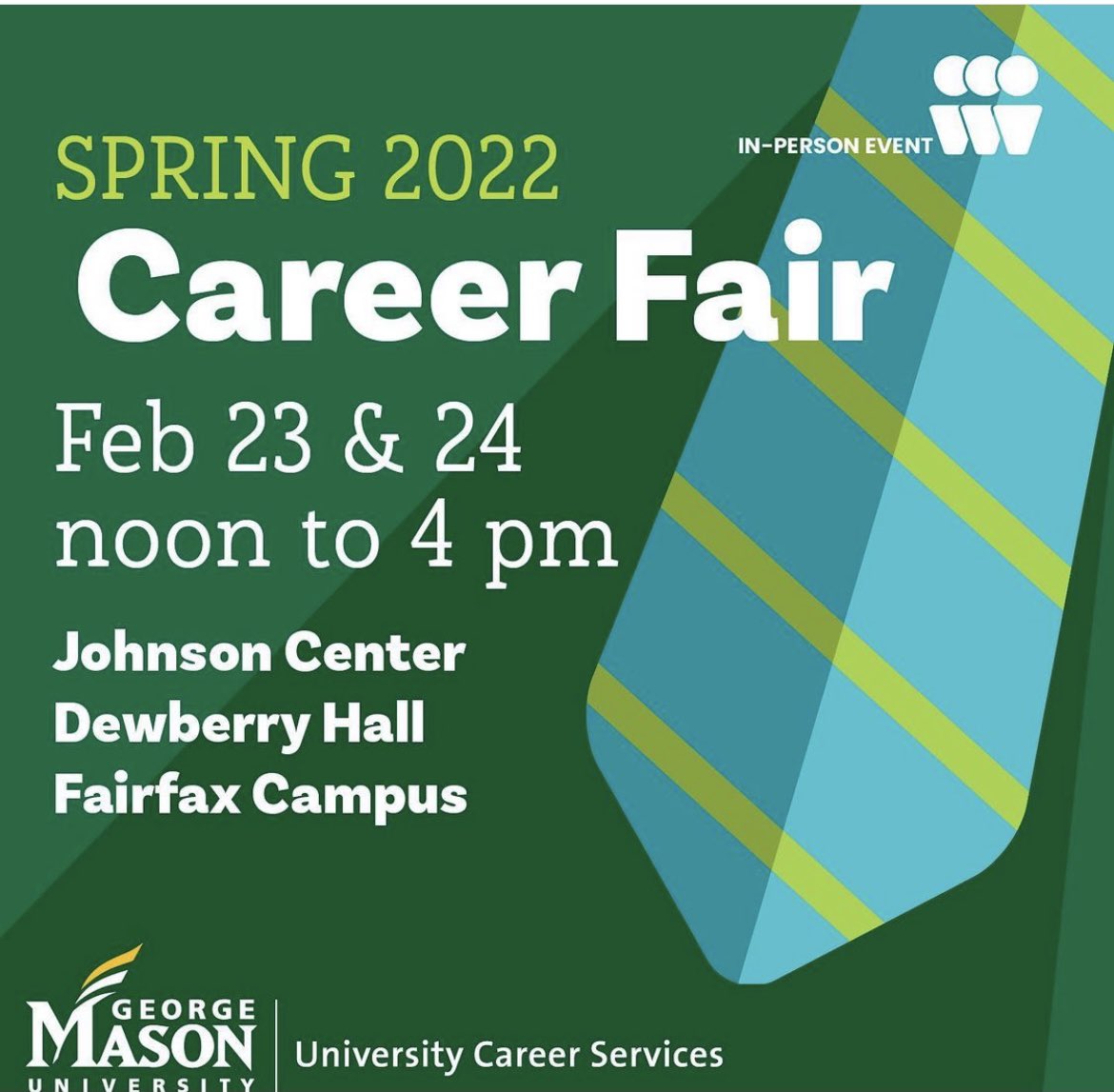 Mark your calendars, Patriots! The Spring 2022 Career Fair is February 23rd and 24th from 12-4 PM! Come down to Dewberry Hall (the bottom floor of the Johnson Center) to connect with over 150+ great employers! Register on Handshake today or via go.gmu.edu/CareerFair!