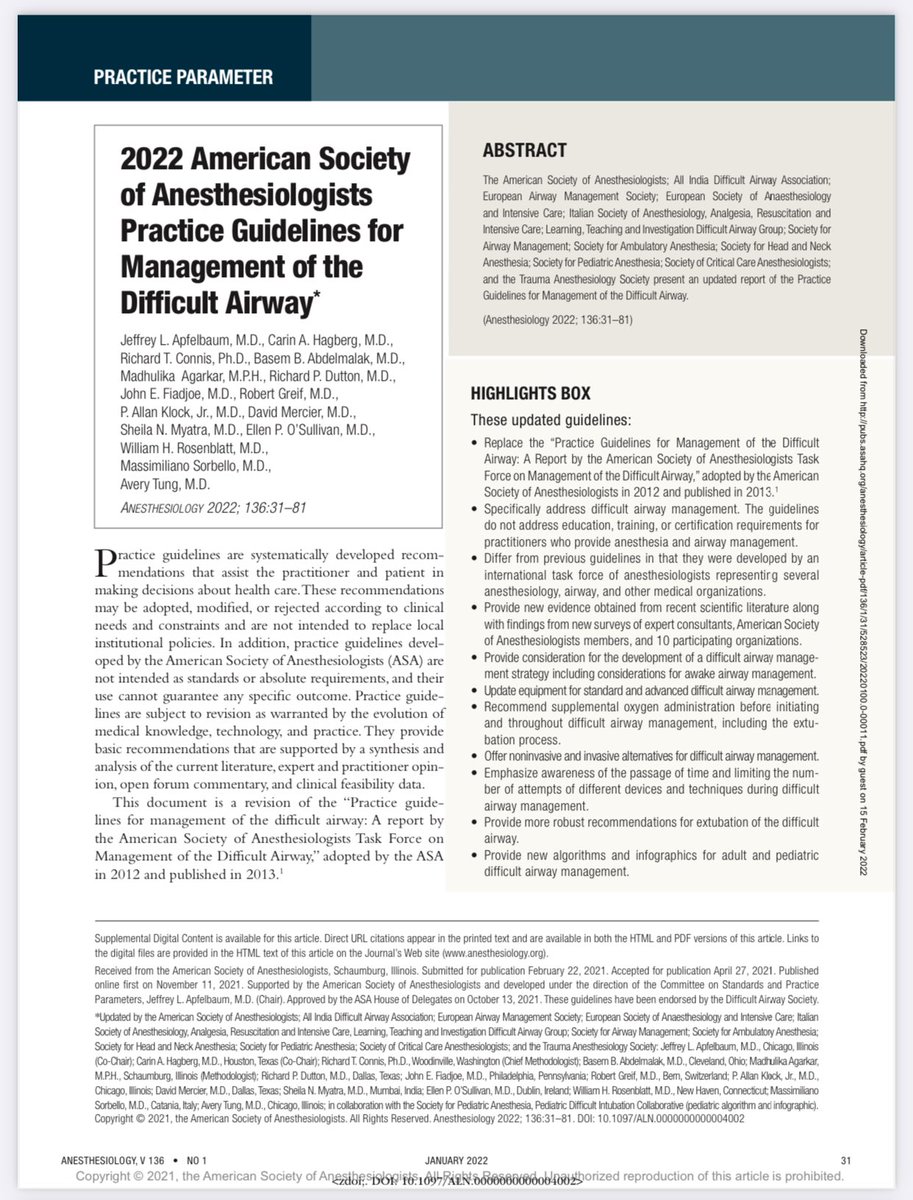 Santiago Montesinos (@montesinossanti) on Twitter photo 2️⃣0️⃣2️⃣2️⃣ <a href="/ASALifeline/">ASA®</a>
📖 Practice GUIDELINES
for Management of the
🔴 DIFFICULT AIRWAY
📝 <a href="/CarinHagberg/">Carin Hagberg, MD</a> <a href="/jef042/">John Fiadjoe</a> <a href="/SheilaMyatra/">Sheila Myatra</a> <a href="/ProfEllenO/">Ellen O’Sullivan @ProEllenO.bsky.social</a> <a href="/AirwayOnDemand/">Will Rosenblatt, MD</a> <a href="/SorbelloMax/">Max Sorbello</a>
FREE DOWNLOAD ➡️ pubs.asahq.org/anesthesiology… 2️⃣0️⃣2️⃣2️⃣ <a href="/ASALifeline/">ASA®</a>
📖 Practice GUIDELINES
for Management of the
🔴 DIFFICULT AIRWAY
📝 <a href="/CarinHagberg/">Carin Hagberg, MD</a> <a href="/jef042/">John Fiadjoe</a> <a href="/SheilaMyatra/">Sheila Myatra</a> <a href="/ProfEllenO/">Ellen O’Sullivan @ProEllenO.bsky.social</a> <a href="/AirwayOnDemand/">Will Rosenblatt, MD</a> <a href="/SorbelloMax/">Max Sorbello</a>
FREE DOWNLOAD ➡️ pubs.asahq.org/anesthesiology…