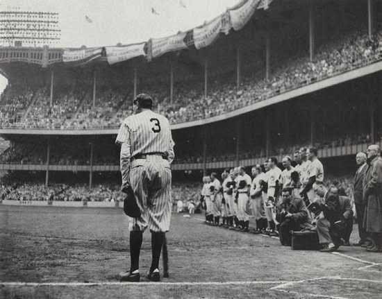 Babe Ruth stands in front of the crowd during his farewell game two months before his death, 1948