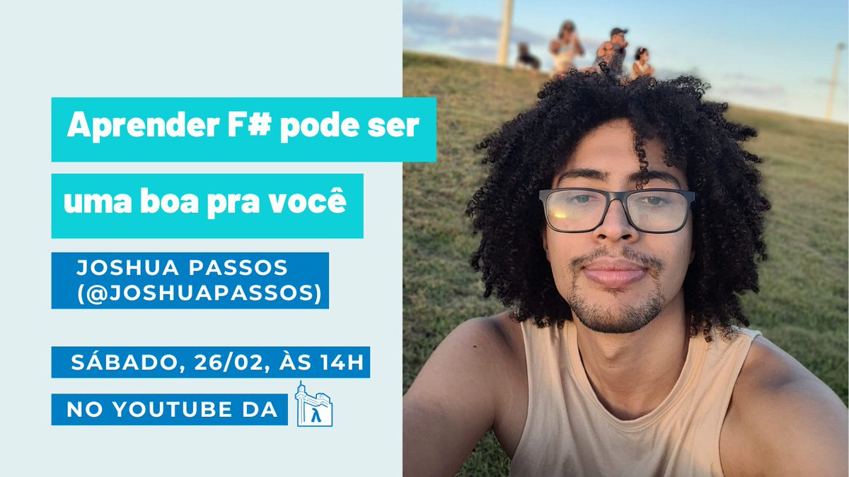 fp_ssa's tweet photo. Sábado, 26 de fevereiro, a gente vai ter nosso maravilhoso @JoshuaPassos compartilhando um pouco de seu conhecimento em F# conosco às 14h =) 

Cola com a gente pra assistir "Aprender F# pode ser uma boa pra você", no https://t.co/yis3yqGrUm https://t.co/QRcf5i20Cj