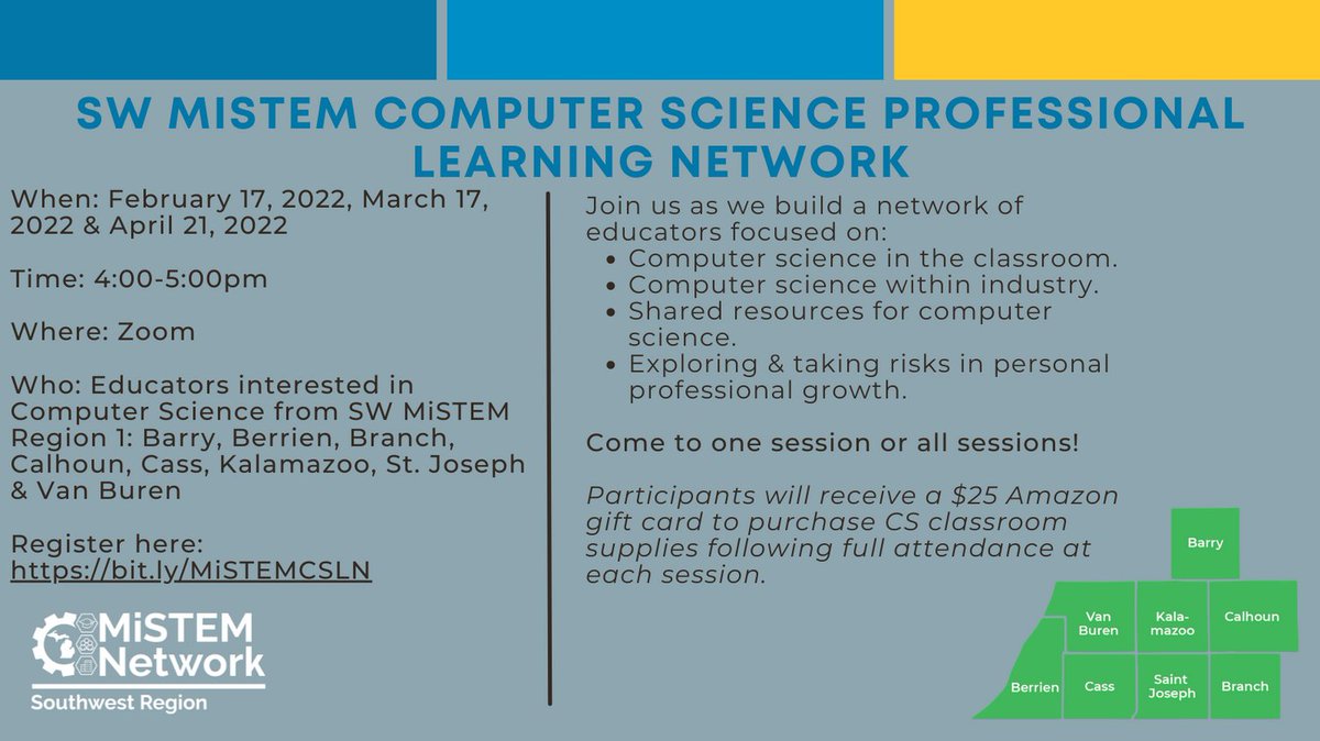 KRESAIS's tweet image. Our first session of SW MiSTEM Computer Science Professional Learning Network is coming up! Make sure you pre-register to receive your $25 Amazon gift card! Register: bit.ly/MiSTEMCSLN #computerscienceeducator #mistem #swmistem #professionallearning