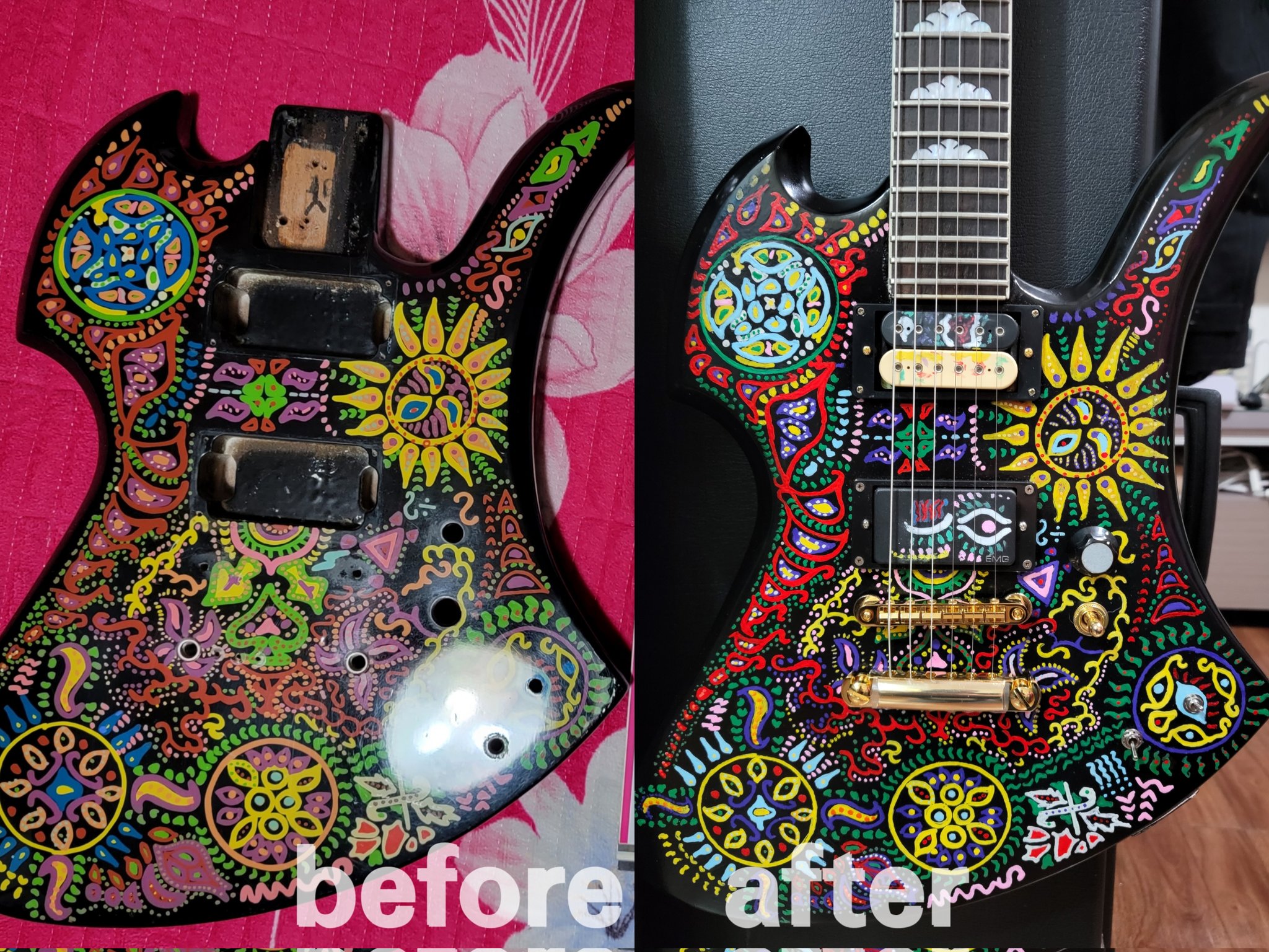 Marco Jiang Hide モデル Mg145x サイケペイントギター 改造完了 改造成480x Look樣式 一樣dimarzio Dp100 Emg 81 Hidewithspreadbeaver Hide Fernandes モッキンバード Hideモデル Xjapanhide Xjapan ペイント サイケペイントギター
