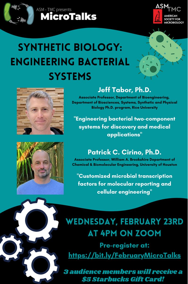 Join us next week at our monthly #MicroTalks, happening Wednesday (2/23) at 4pm!
This month, Drs. Jeff Tabor &amp; Patrick Cirino will be sharing their research on microbial engineering

Register here:  bit.ly/FebruaryMicroT…