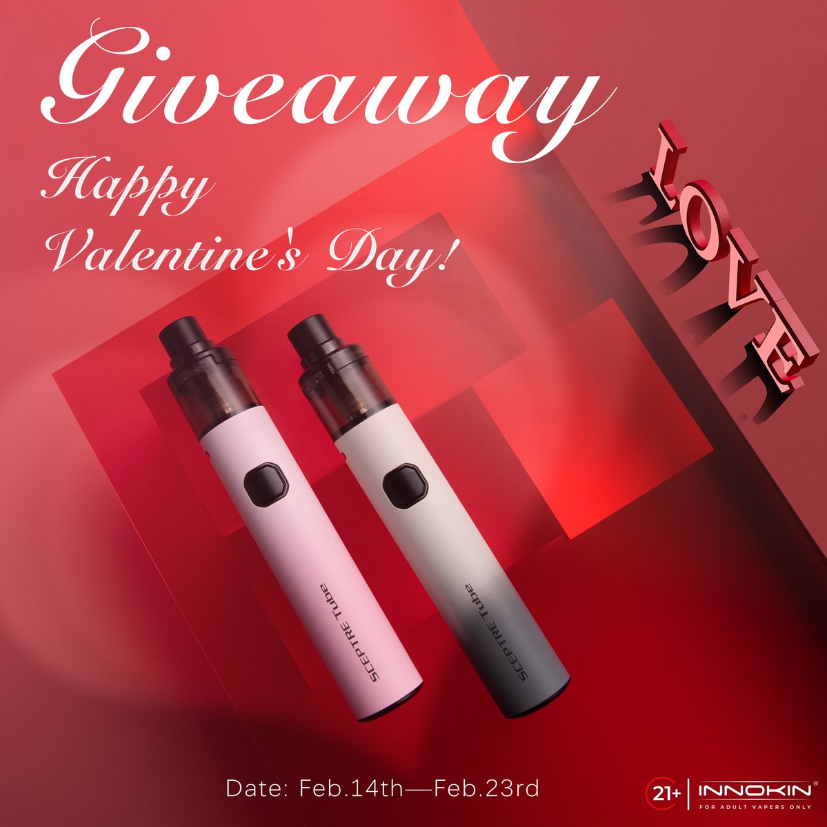 Innokintech's tweet photo. It's time to add a bit more passion to your Valentine's Day! We're sharing the love by giving away the Sceptre Tube kits.🎁

More entries, More winners!

• Follow 
• Like &amp; RT
• Tag someone you want to express your love with.

Good luck😘 https://t.co/YoXuNluTRm