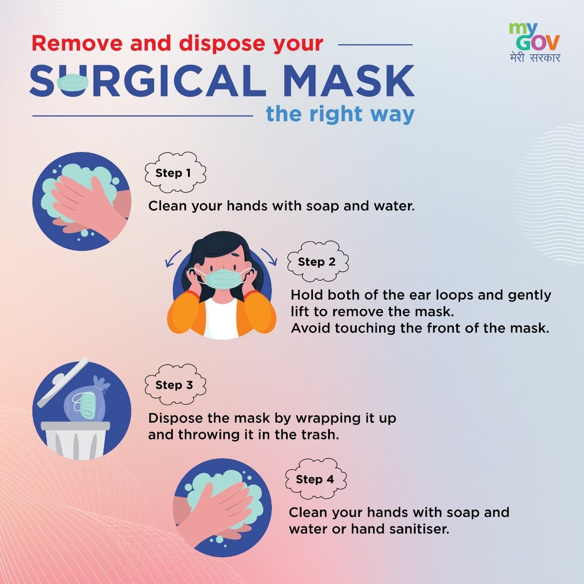 mygovindia's tweet photo. Your face mask is your armour in the fight against COVID-19. Know about the proper usage, disposal, and reuse of the mask in our fight against the pandemic. #IndiaFightsCorona https://t.co/S34FmQWCm9