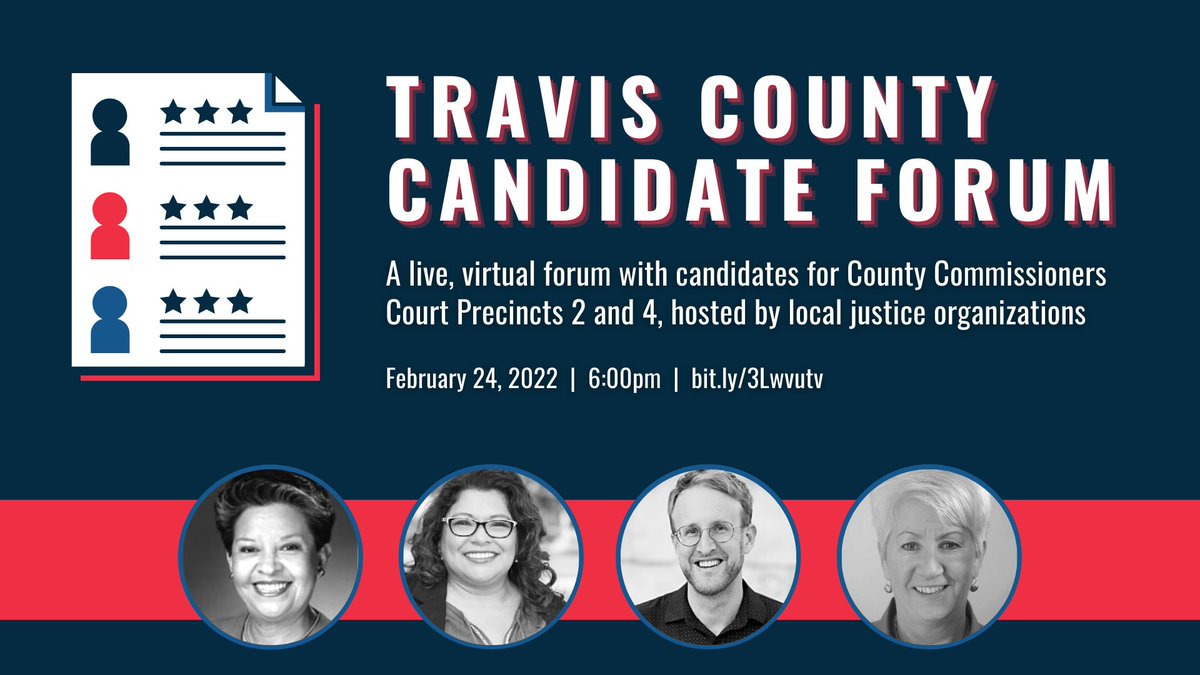 TexasCJE's tweet photo. EVENT: Next week, we're joining Austin-area justice orgs to host a candidate forum for Travis County Commissioners Court candidates! Details and registration for this (free, virtual) event ⬇️

https://t.co/oZn7yf7RUf https://t.co/FQrJCLWJXa